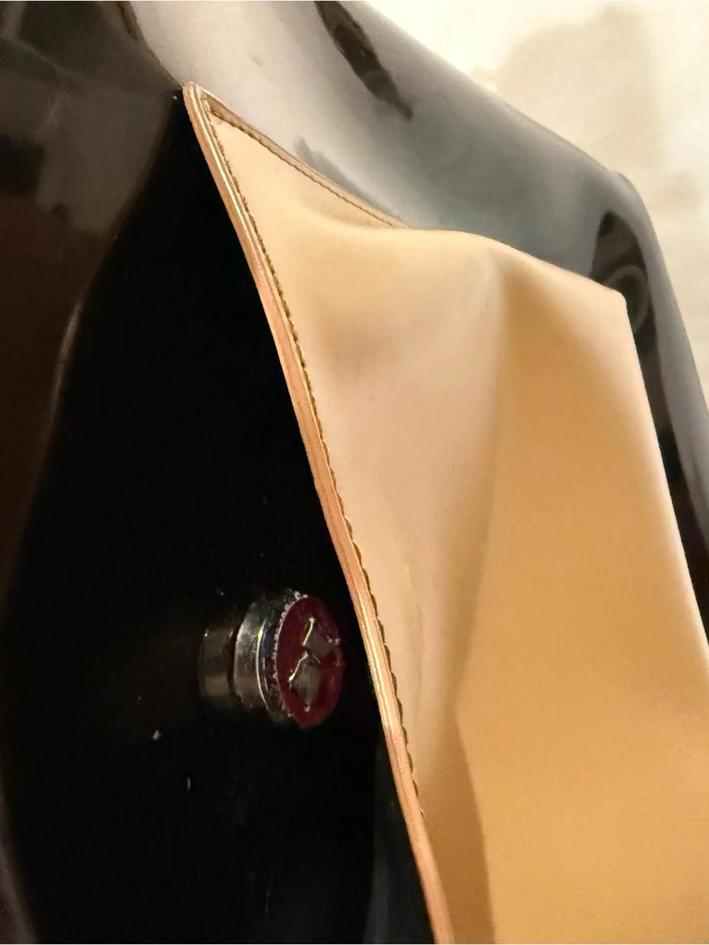 Beijo Black Patent Backpack Tote with Tan Front Pocket and Straps